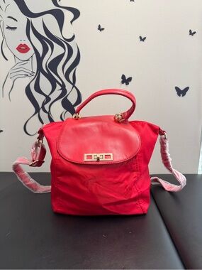 Red Top Handle Crossbody Bag Nylon Leather Trim Satchel Gold Hardware